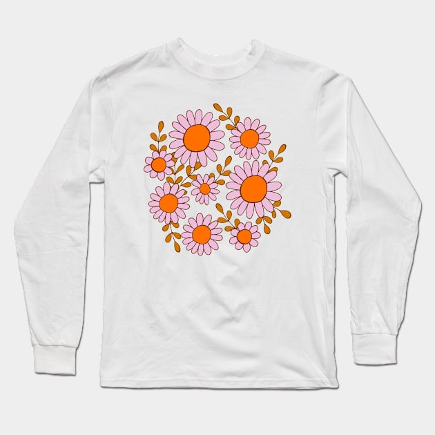 Retro 70s daisy flowers botanical design in orange and pink Long Sleeve T-Shirt by Natalisa